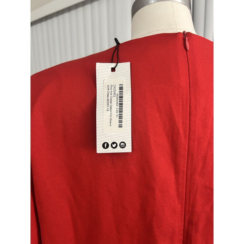 Boohoo Plus Red Choker V Neck Shift Dress Womens US 14 Frill Sleeve NWT Berry - Picture 7 of 7